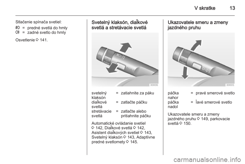 OPEL ZAFIRA C 2014  Používateľská príručka (in Slovak) V skratke13
Stlačenie spínača svetiel:>=predné svetlá do hmlyr=zadné svetlo do hmly
Osvetlenie 3 141.
Svetelný klaksón, diaľkové
svetlá a stretávacie svetlásvetelný
klaksón=zatiahnite z
