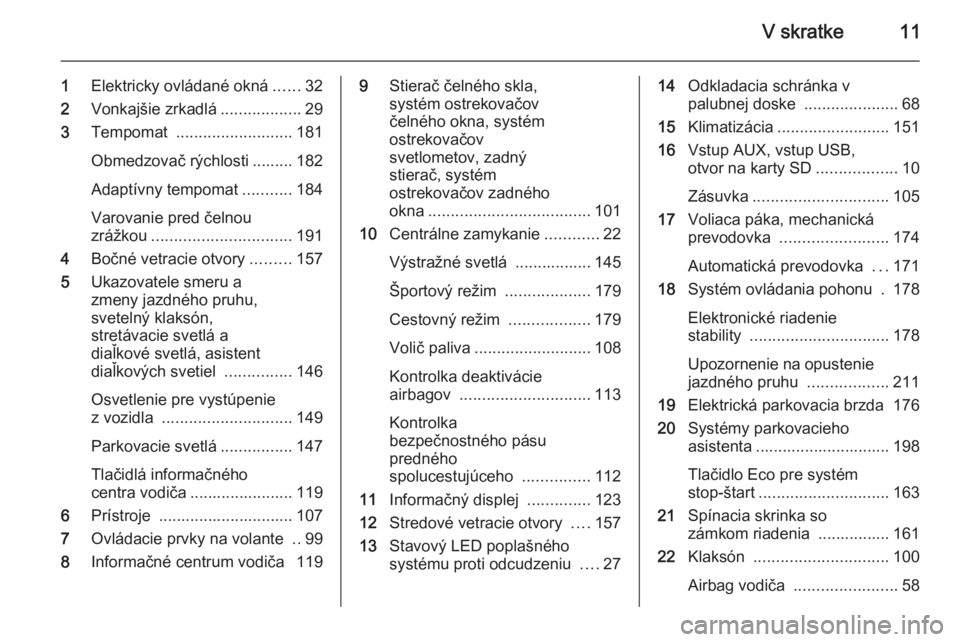 OPEL ZAFIRA C 2015.5  Používateľská príručka (in Slovak) V skratke11
1Elektricky ovládané okná ......32
2 Vonkajšie zrkadlá ..................29
3 Tempomat  .......................... 181
Obmedzovač rýchlosti ......... 182
Adaptívny tempomat .......