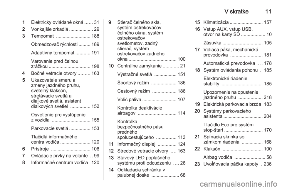 OPEL ZAFIRA C 2016.5  Používateľská príručka (in Slovak) V skratke111Elektricky ovládané okná ......31
2 Vonkajšie zrkadlá ..................29
3 Tempomat  .......................... 188
Obmedzovač rýchlosti ......... 189 Adaptívny tempomat ........