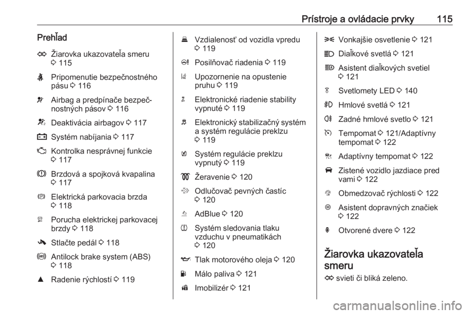 OPEL ZAFIRA C 2018  Používateľská príručka (in Slovak) Prístroje a ovládacie prvky115PrehľadOŽiarovka ukazovateľa smeru
3  115XPripomenutie bezpečnostného
pásu  3 116vAirbag a predpínače bezpeč‐
nostných pásov  3 116VDeaktivácia airbagov  