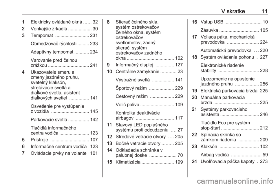 OPEL ZAFIRA C 2018  Používateľská príručka (in Slovak) V skratke111Elektricky ovládané okná ......32
2 Vonkajšie zrkadlá ..................30
3 Tempomat  .......................... 231
Obmedzovač rýchlosti ......... 233 Adaptívny tempomat ........