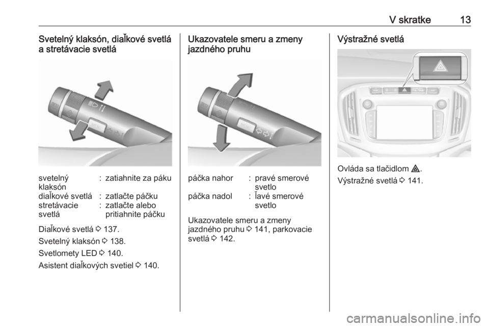 OPEL ZAFIRA C 2018  Používateľská príručka (in Slovak) V skratke13Svetelný klaksón, diaľkové svetlá
a stretávacie svetlásvetelný
klaksón:zatiahnite za pákudiaľkové svetlá:zatlačte páčkustretávacie
svetlá:zatlačte alebo
pritiahnite páč