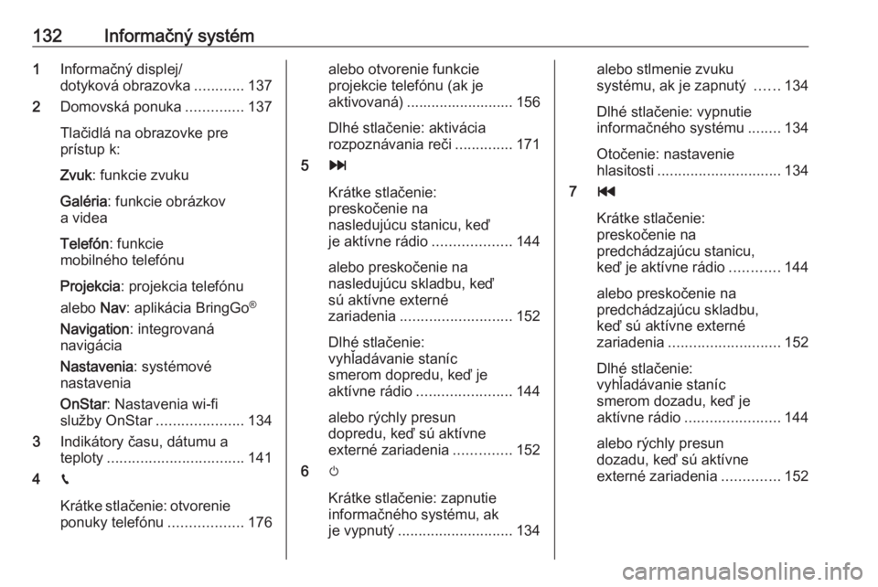 OPEL ZAFIRA C 2019  Používateľská príručka (in Slovak) 132Informačný systém1Informačný displej/
dotyková obrazovka ............137
2 Domovská ponuka ..............137
Tlačidlá na obrazovke pre
prístup k:
Zvuk : funkcie zvuku
Galéria : funkcie o