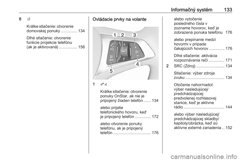 OPEL ZAFIRA C 2019 Používateľská príručka (in Slovak) Informačný systém1338;
Krátke stlačenie: otvorenie domovskej ponuky ..............134
Dlhé stlačenie: otvorenie
funkcie projekcie telefónu
(ak je aktivovaná) ................156Ovládacie prv OPEL ZAFIRA C 2019 Používateľská príručka (in Slovak) Informačný systém1338;
Krátke stlačenie: otvorenie domovskej ponuky ..............134
Dlhé stlačenie: otvorenie
funkcie projekcie telefónu
(ak je aktivovaná) ................156Ovládacie prv