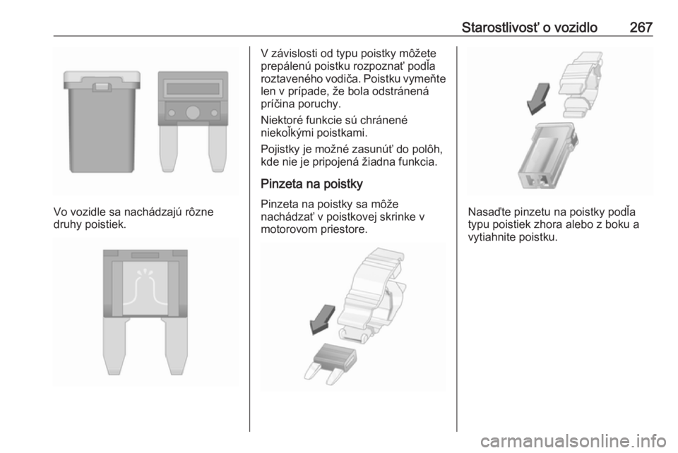 OPEL ZAFIRA C 2019  Používateľská príručka (in Slovak) Starostlivosť o vozidlo267
Vo vozidle sa nachádzajú rôzne
druhy poistiek.
V závislosti od typu poistky môžete
prepálenú poistku rozpoznať podľa
roztaveného vodiča. Poistku vymeňte len v 