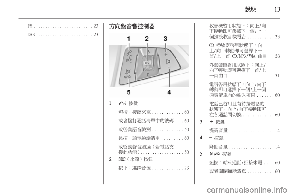 OPEL ZAFIRA C 2015  車載資訊娛樂系統手冊 (in Taiwanese) 說明13
FM......................... 23
DAB ........................ 23方向盤音響控制器
1
qw 按鍵
短按：接聽來電 .............60
或者撥打通話清單中的號碼 ...60
或啟動