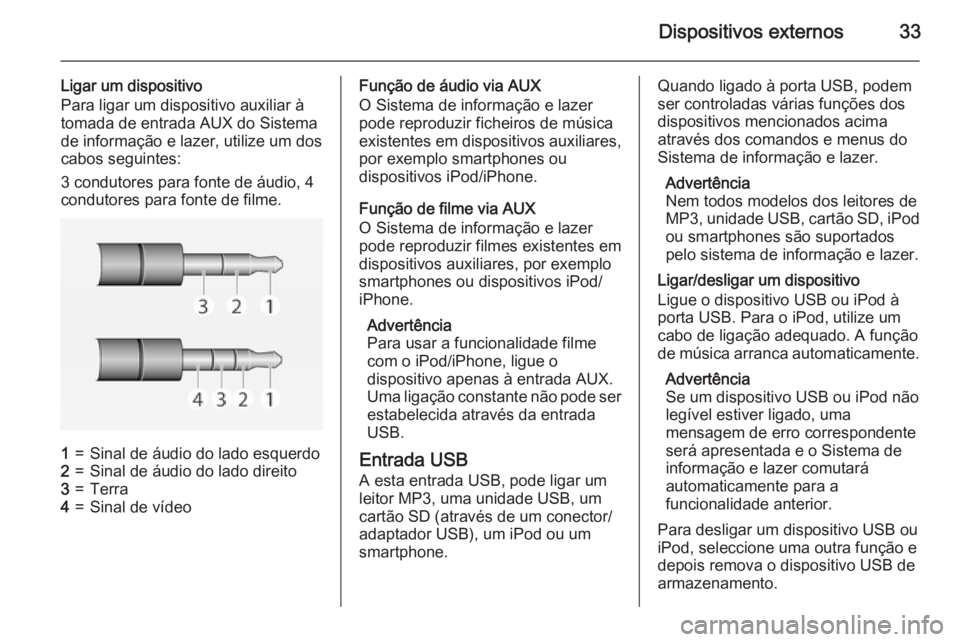 OPEL ADAM 2015  Manual de Informação e Lazer (in Portugues) Dispositivos externos33
Ligar um dispositivo
Para ligar um dispositivo auxiliar à
tomada de entrada AUX do Sistema
de informação e lazer, utilize um dos
cabos seguintes:
3 condutores para fonte de 
