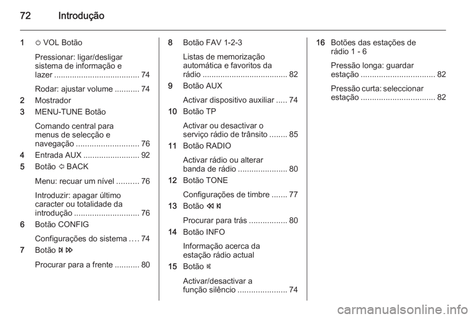 OPEL ADAM 2015 Manual de Informação e Lazer (in Portugues) 72Introdução
1m VOL Botão
Pressionar: ligar/desligar
sistema de informação e
lazer ...................................... 74
Rodar: ajustar volume ...........74
2 Mostrador
3 MENU-TUNE Botão
Com OPEL ADAM 2015 Manual de Informação e Lazer (in Portugues) 72Introdução
1m VOL Botão
Pressionar: ligar/desligar
sistema de informação e
lazer ...................................... 74
Rodar: ajustar volume ...........74
2 Mostrador
3 MENU-TUNE Botão
Com