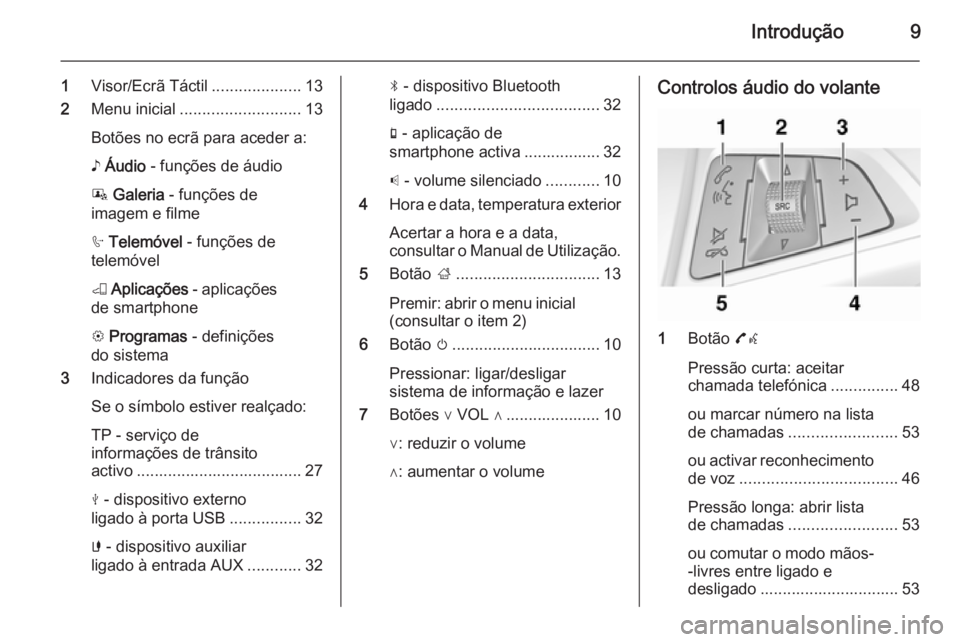 OPEL ADAM 2015 Manual de Informação e Lazer (in Portugues) Introdução9
1Visor/Ecrã Táctil ....................13
2 Menu inicial ........................... 13
Botões no ecrã para aceder a:
♪ Áudio - funções de áudio
P Galeria - funções de
im OPEL ADAM 2015 Manual de Informação e Lazer (in Portugues) Introdução9
1Visor/Ecrã Táctil ....................13
2 Menu inicial ........................... 13
Botões no ecrã para aceder a:
♪ Áudio - funções de áudio
P Galeria - funções de
im