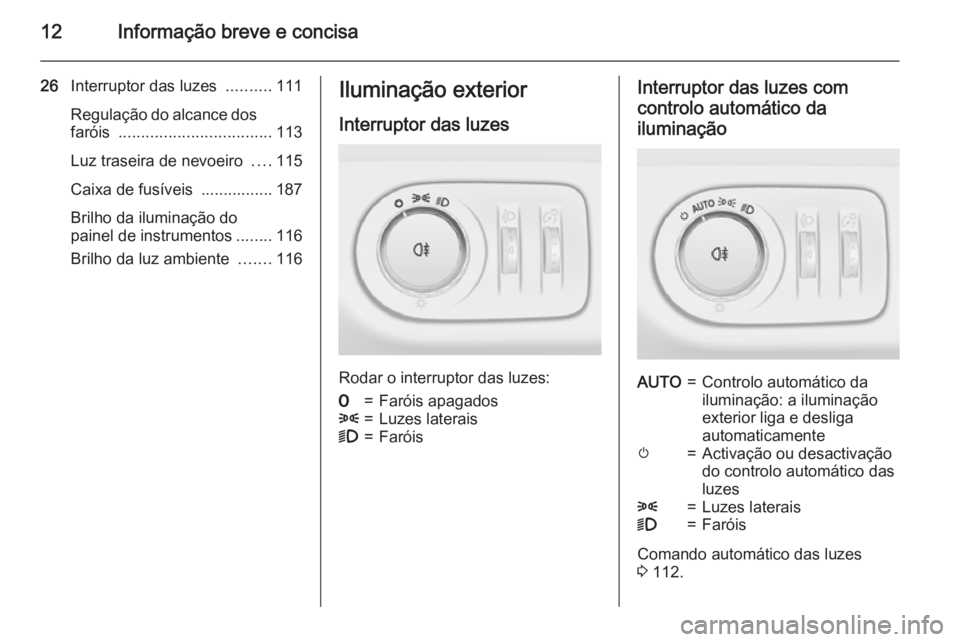 OPEL ADAM 2015 Manual de Instruções (in Portugues) 12Informação breve e concisa
26Interruptor das luzes ..........111
Regulação do alcance dos faróis .................................. 113
Luz traseira de nevoeiro ....115
Caixa de fusíveis . OPEL ADAM 2015 Manual de Instruções (in Portugues) 12Informação breve e concisa
26Interruptor das luzes ..........111
Regulação do alcance dos faróis .................................. 113
Luz traseira de nevoeiro ....115
Caixa de fusíveis .