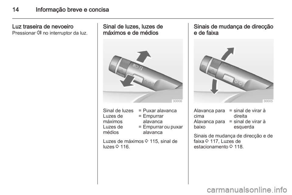 OPEL ADAM 2015.5 Manual de Instruções (in Portugues) 14Informação breve e concisa
Luz traseira de nevoeiro
Pressionar r no interruptor da luz.Sinal de luzes, luzes de
máximos e de médiosSinal de luzes=Puxar alavancaLuzes de
máximos=Empurrar
alavan OPEL ADAM 2015.5 Manual de Instruções (in Portugues) 14Informação breve e concisa
Luz traseira de nevoeiro
Pressionar r no interruptor da luz.Sinal de luzes, luzes de
máximos e de médiosSinal de luzes=Puxar alavancaLuzes de
máximos=Empurrar
alavan