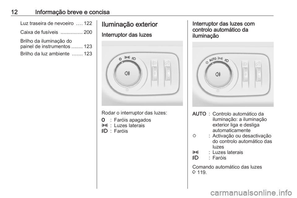 OPEL ADAM 2016 Manual de Instruções (in Portugues) 12Informação breve e concisaLuz traseira de nevoeiro ....122
Caixa de fusíveis ................ 200
Brilho da iluminação do
painel de instrumentos ........123
Brilho da luz ambiente .......123I OPEL ADAM 2016 Manual de Instruções (in Portugues) 12Informação breve e concisaLuz traseira de nevoeiro ....122
Caixa de fusíveis ................ 200
Brilho da iluminação do
painel de instrumentos ........123
Brilho da luz ambiente .......123I