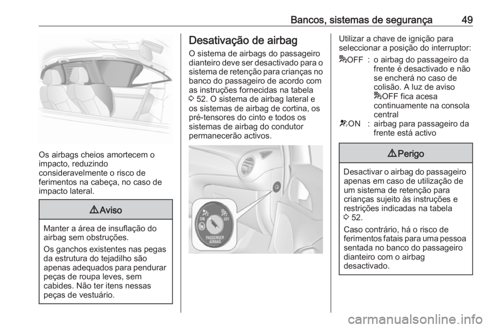 OPEL ADAM 2016 Manual de Instruções (in Portugues) Bancos, sistemas de segurança49
Os airbags cheios amortecem o
impacto, reduzindo
consideravelmente o risco de
ferimentos na cabeça, no caso de
impacto lateral.
9 Aviso
Manter a área de insuflação OPEL ADAM 2016 Manual de Instruções (in Portugues) Bancos, sistemas de segurança49
Os airbags cheios amortecem o
impacto, reduzindo
consideravelmente o risco de
ferimentos na cabeça, no caso de
impacto lateral.
9 Aviso
Manter a área de insuflação