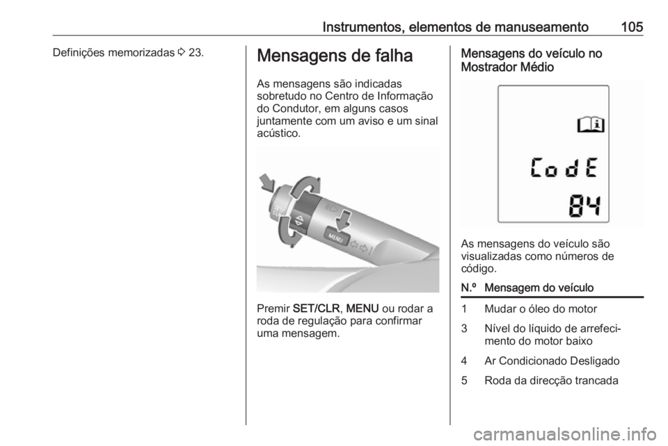 OPEL ADAM 2017 Manual de Instruções (in Portugues) Instrumentos, elementos de manuseamento105Definições memorizadas 3 23.Mensagens de falha
As mensagens são indicadas
sobretudo no Centro de Informação do Condutor, em alguns casos
juntamente com u OPEL ADAM 2017 Manual de Instruções (in Portugues) Instrumentos, elementos de manuseamento105Definições memorizadas 3 23.Mensagens de falha
As mensagens são indicadas
sobretudo no Centro de Informação do Condutor, em alguns casos
juntamente com u