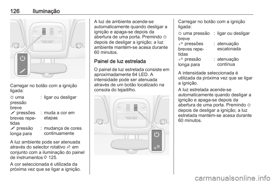 OPEL ADAM 2018.5 Manual de Instruções (in Portugues) 126Iluminação
Carregar no botão com a ignição
ligada:
m uma
pressão
breve:ligar ou desligarS pressões
breves repe‐
tidas:muda a cor em
etapasS pressão
longa para:mudança de cores
continu OPEL ADAM 2018.5 Manual de Instruções (in Portugues) 126Iluminação
Carregar no botão com a ignição
ligada:
m uma
pressão
breve:ligar ou desligarS pressões
breves repe‐
tidas:muda a cor em
etapasS pressão
longa para:mudança de cores
continu