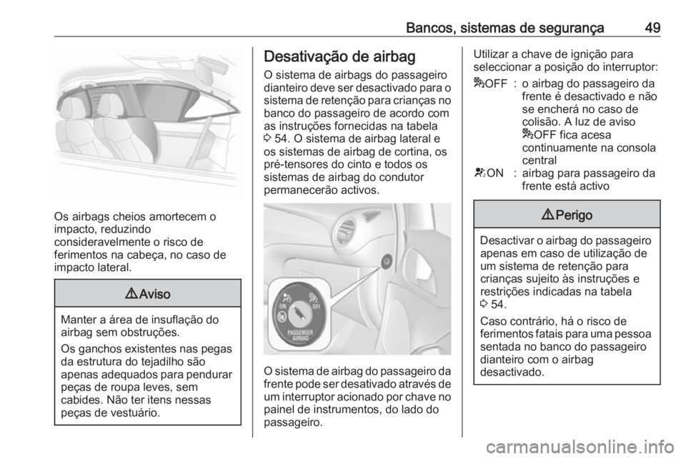 OPEL ADAM 2018.5 Manual de Instruções (in Portugues) Bancos, sistemas de segurança49
Os airbags cheios amortecem o
impacto, reduzindo
consideravelmente o risco de
ferimentos na cabeça, no caso de
impacto lateral.
9 Aviso
Manter a área de insuflação OPEL ADAM 2018.5 Manual de Instruções (in Portugues) Bancos, sistemas de segurança49
Os airbags cheios amortecem o
impacto, reduzindo
consideravelmente o risco de
ferimentos na cabeça, no caso de
impacto lateral.
9 Aviso
Manter a área de insuflação