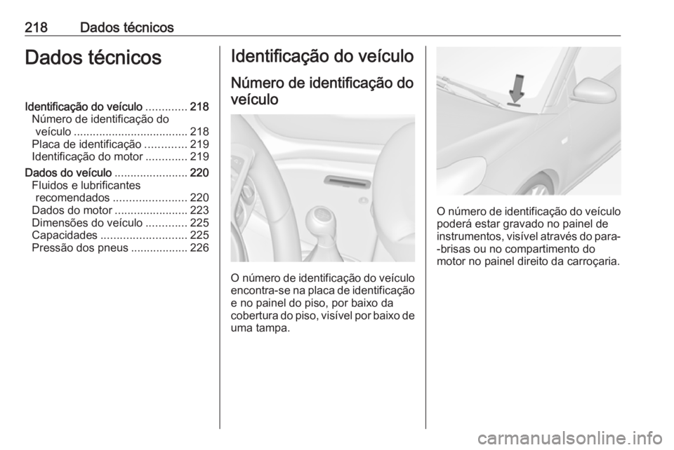OPEL ADAM 2019  Manual de Instruções (in Portugues) 218Dados técnicosDados técnicosIdentificação do veículo.............218
Número de identificação do veículo .................................... 218
Placa de identificação .............219
I