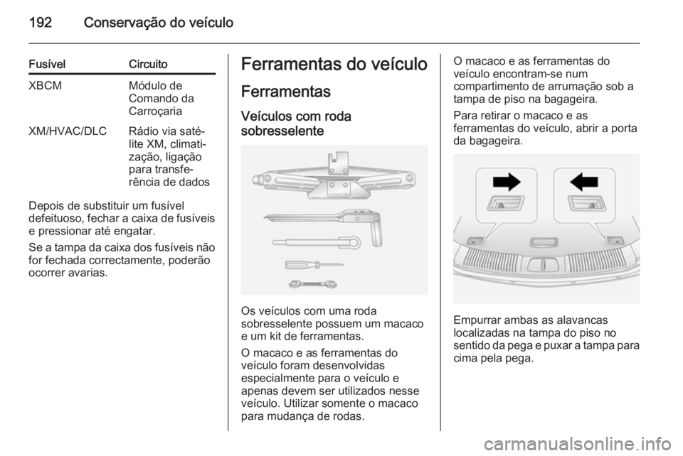 OPEL ANTARA 2014.5 Manual de Instruções (in Portugues) 192Conservação do veículo
FusívelCircuitoXBCMMódulo de
Comando da
CarroçariaXM/HVAC/DLCRádio via saté‐
lite XM, climati‐
zação, ligação
para transfe‐
rência de dados
Depois de subst OPEL ANTARA 2014.5 Manual de Instruções (in Portugues) 192Conservação do veículo
FusívelCircuitoXBCMMódulo de
Comando da
CarroçariaXM/HVAC/DLCRádio via saté‐
lite XM, climati‐
zação, ligação
para transfe‐
rência de dados
Depois de subst