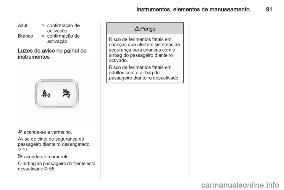 OPEL ANTARA 2014.5 Manual de Instruções (in Portugues) Instrumentos, elementos de manuseamento91
Azul=confirmação de
activaçãoBranco=confirmação de
activação
Luzes de aviso no painel de
instrumentos
k acende-se a vermelho.
Aviso de cinto de segur OPEL ANTARA 2014.5 Manual de Instruções (in Portugues) Instrumentos, elementos de manuseamento91
Azul=confirmação de
activaçãoBranco=confirmação de
activação
Luzes de aviso no painel de
instrumentos
k acende-se a vermelho.
Aviso de cinto de segur