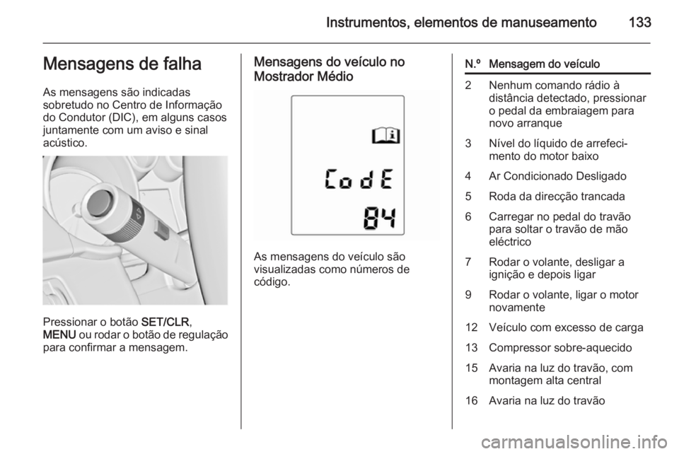 OPEL ASTRA J 2014  Manual de Instruções (in Portugues) Instrumentos, elementos de manuseamento133Mensagens de falha
As mensagens são indicadas
sobretudo no Centro de Informação
do Condutor (DIC), em alguns casos
juntamente com um aviso e sinal
acústic