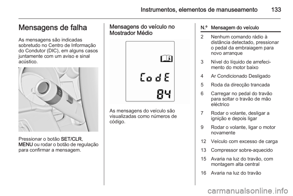 OPEL ASTRA J 2014 Manual de Instruções (in Portugues) Instrumentos, elementos de manuseamento133Mensagens de falha
As mensagens são indicadas
sobretudo no Centro de Informação
do Condutor (DIC), em alguns casos
juntamente com um aviso e sinal
acústic OPEL ASTRA J 2014 Manual de Instruções (in Portugues) Instrumentos, elementos de manuseamento133Mensagens de falha
As mensagens são indicadas
sobretudo no Centro de Informação
do Condutor (DIC), em alguns casos
juntamente com um aviso e sinal
acústic