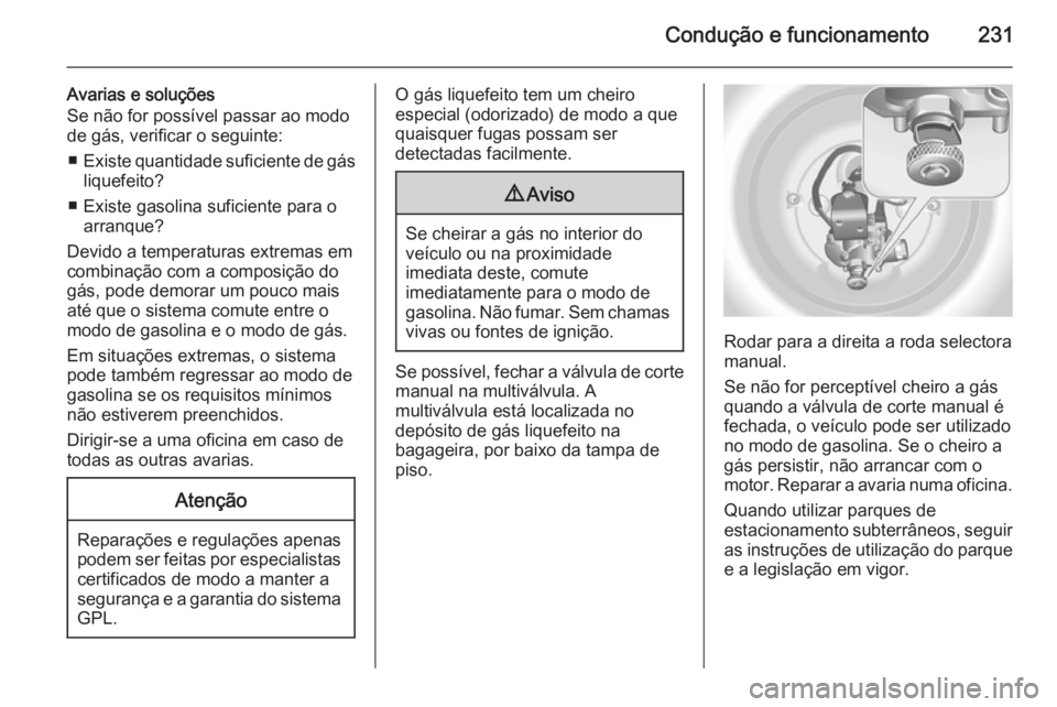 OPEL ASTRA J 2014  Manual de Instruções (in Portugues) Condução e funcionamento231
Avarias e soluções
Se não for possível passar ao modo
de gás, verificar o seguinte:
■ Existe quantidade suficiente de gás
liquefeito?
■ Existe gasolina suficien