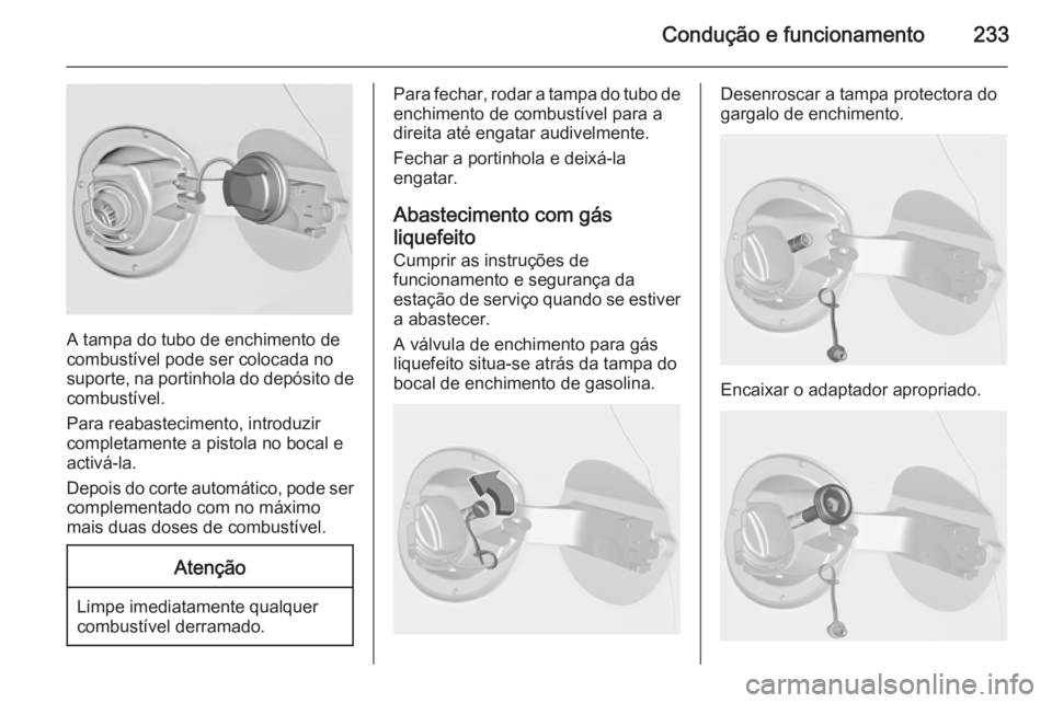 OPEL ASTRA J 2014  Manual de Instruções (in Portugues) Condução e funcionamento233
A tampa do tubo de enchimento de
combustível pode ser colocada no
suporte, na portinhola do depósito de
combustível.
Para reabastecimento, introduzir
completamente a p
