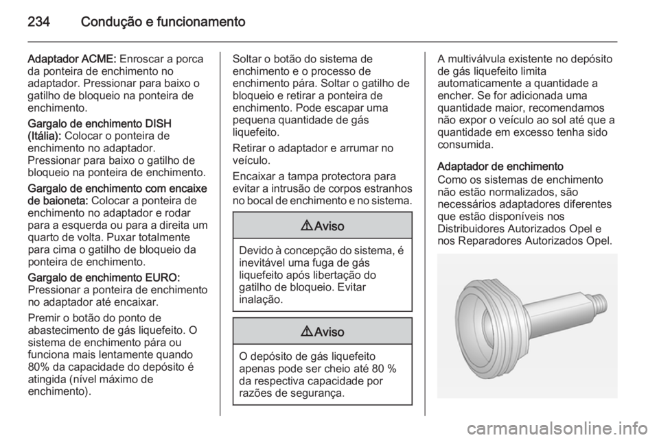 OPEL ASTRA J 2014  Manual de Instruções (in Portugues) 234Condução e funcionamento
Adaptador ACME: Enroscar a porca
da ponteira de enchimento no
adaptador. Pressionar para baixo o
gatilho de bloqueio na ponteira de
enchimento.
Gargalo de enchimento DISH