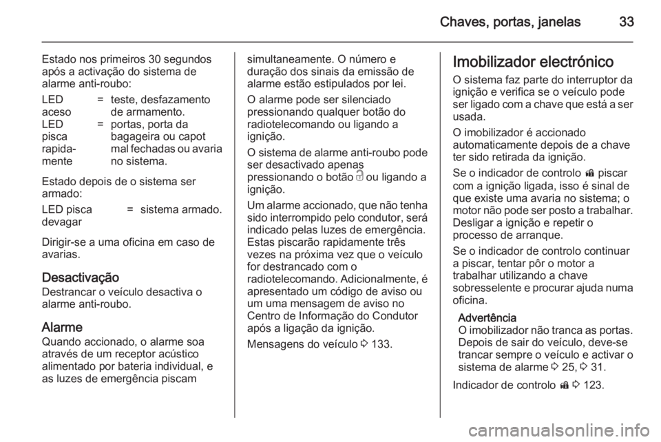 OPEL ASTRA J 2014  Manual de Instruções (in Portugues) Chaves, portas, janelas33
Estado nos primeiros 30 segundos
após a activação do sistema de
alarme anti-roubo:LED
aceso=teste, desfazamento
de armamento.LED
pisca
rapida‐
mente=portas, porta da
bag
