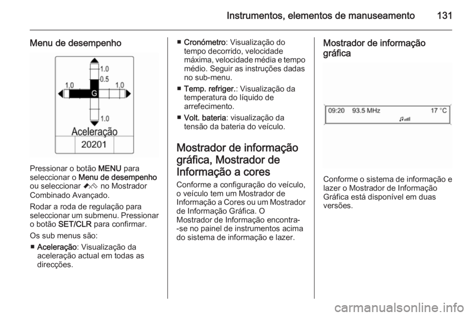 OPEL ASTRA J 2014.5 Manual de Instruções (in Portugues) Instrumentos, elementos de manuseamento131
Menu de desempenho
Pressionar o botão MENU para
seleccionar o Menu de desempenho
ou seleccionar C no Mostrador
Combinado Avançado.
Rodar a roda de regula OPEL ASTRA J 2014.5 Manual de Instruções (in Portugues) Instrumentos, elementos de manuseamento131
Menu de desempenho
Pressionar o botão MENU para
seleccionar o Menu de desempenho
ou seleccionar C no Mostrador
Combinado Avançado.
Rodar a roda de regula