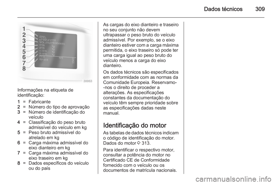 OPEL ASTRA J 2014.5 Manual de Instruções (in Portugues) Dados técnicos309
Informações na etiqueta de
identificação:
1=Fabricante2=Número do tipo de aprovação3=Número de identificação do
veículo4=Classificação do peso bruto
admissível do veí OPEL ASTRA J 2014.5 Manual de Instruções (in Portugues) Dados técnicos309
Informações na etiqueta de
identificação:
1=Fabricante2=Número do tipo de aprovação3=Número de identificação do
veículo4=Classificação do peso bruto
admissível do veí