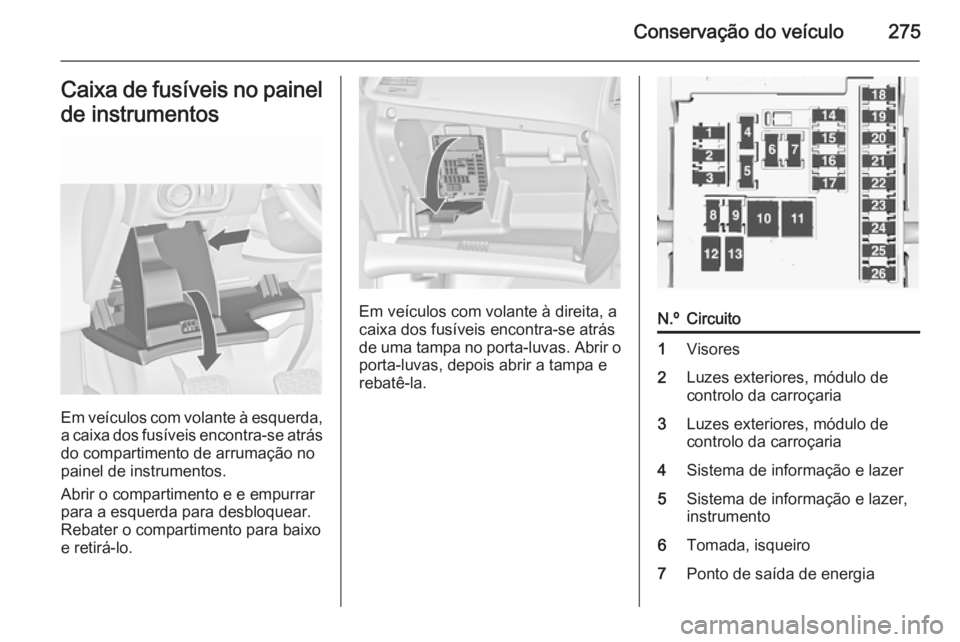 OPEL ASTRA J 2015 Manual de Instruções (in Portugues) Conservação do veículo275Caixa de fusíveis no painel
de instrumentos
Em veículos com volante à esquerda,
a caixa dos fusíveis encontra-se atrás do compartimento de arrumação no
painel de ins OPEL ASTRA J 2015 Manual de Instruções (in Portugues) Conservação do veículo275Caixa de fusíveis no painel
de instrumentos
Em veículos com volante à esquerda,
a caixa dos fusíveis encontra-se atrás do compartimento de arrumação no
painel de ins