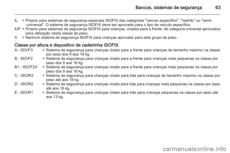 OPEL ASTRA J 2015 Manual de Instruções (in Portugues) Bancos, sistemas de segurança63
IL=Próprio para sistemas de segurança especiais ISOFIX das categorias "veículo específico", "restrito" ou "semi--universal". O sistema de s OPEL ASTRA J 2015 Manual de Instruções (in Portugues) Bancos, sistemas de segurança63
IL=Próprio para sistemas de segurança especiais ISOFIX das categorias "veículo específico", "restrito" ou "semi--universal". O sistema de s