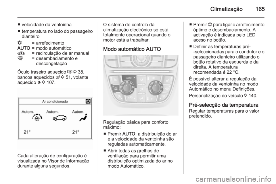 OPEL ASTRA J 2015.5  Manual de Instruções (in Portugues) Climatização165
■ velocidade da ventoinha
■ temperatura no lado do passageiro
dianteiron=arrefecimentoAUTO=modo automático4=recirculação de ar manualV=desembaciamento e
descongelação
Óculo