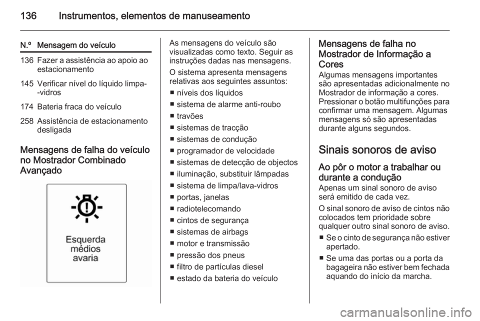 OPEL ASTRA J 2015.75  Manual de Instruções (in Portugues) 136Instrumentos, elementos de manuseamento
N.ºMensagem do veículo136Fazer a assistência ao apoio ao
estacionamento145Verificar nível do líquido limpa-
-vidros174Bateria fraca do veículo258Assist