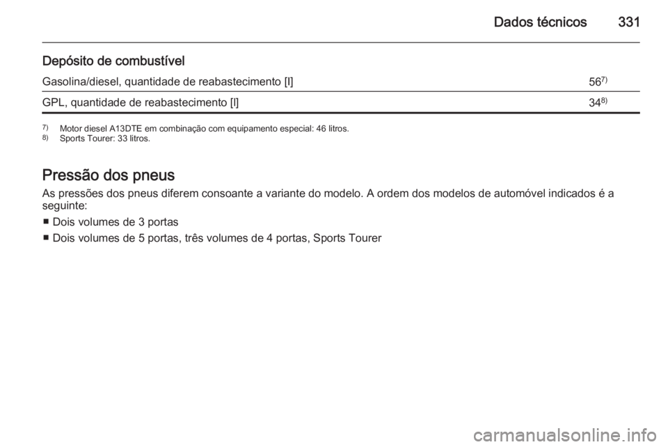 OPEL ASTRA J 2015.75  Manual de Instruções (in Portugues) Dados técnicos331
Depósito de combustívelGasolina/diesel, quantidade de reabastecimento [I]567)GPL, quantidade de reabastecimento [l]348)7)
Motor diesel A13DTE em combinação com equipamento espec