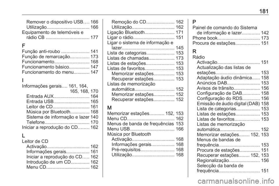 OPEL ASTRA J 2016 Manual de Informação e Lazer (in Portugues) 181Remover o dispositivo USB....166
Utilização................................. 166
Equipamento de telemóveis e rádio CB ................................. 177
F
Função anti-roubo ............. OPEL ASTRA J 2016 Manual de Informação e Lazer (in Portugues) 181Remover o dispositivo USB....166
Utilização................................. 166
Equipamento de telemóveis e rádio CB ................................. 177
F
Função anti-roubo .............