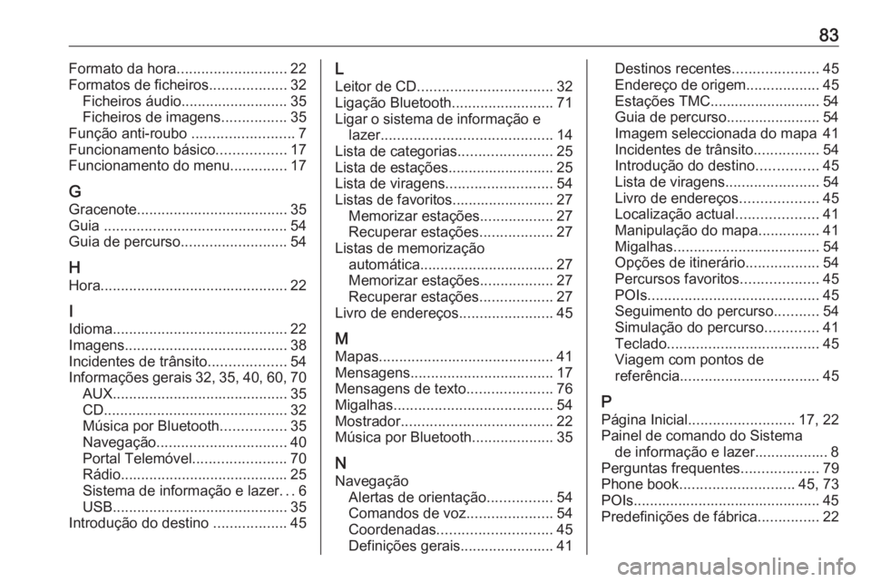 OPEL ASTRA J 2016 Manual de Informação e Lazer (in Portugues) 83Formato da hora........................... 22
Formatos de ficheiros ...................32
Ficheiros áudio .......................... 35
Ficheiros de imagens ................35
Função anti-roubo OPEL ASTRA J 2016 Manual de Informação e Lazer (in Portugues) 83Formato da hora........................... 22
Formatos de ficheiros ...................32
Ficheiros áudio .......................... 35
Ficheiros de imagens ................35
Função anti-roubo