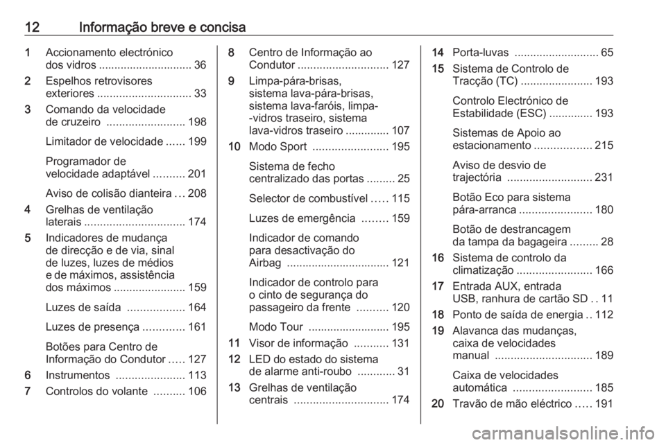 OPEL ASTRA J 2016  Manual de Instruções (in Portugues) 12Informação breve e concisa1Accionamento electrónico
dos vidros .............................. 36
2 Espelhos retrovisores
exteriores .............................. 33
3 Comando da velocidade
de cr