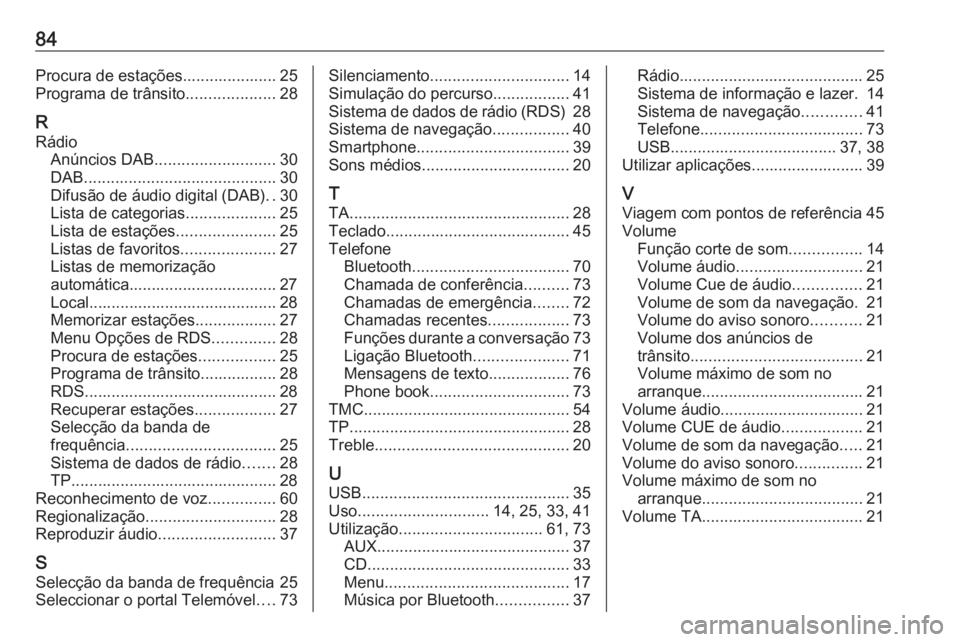 OPEL ASTRA J 2016.5 Manual de Informação e Lazer (in Portugues) 84Procura de estações..................... 25
Programa de trânsito ....................28
R Rádio Anúncios DAB ........................... 30
DAB ........................................... 30
Di OPEL ASTRA J 2016.5 Manual de Informação e Lazer (in Portugues) 84Procura de estações..................... 25
Programa de trânsito ....................28
R Rádio Anúncios DAB ........................... 30
DAB ........................................... 30
Di