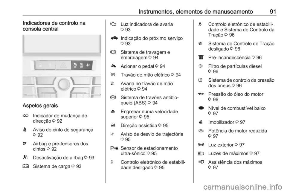 OPEL ASTRA J 2017 Manual de Instruções (in Portugues) Instrumentos, elementos de manuseamento91Indicadores de controlo na
consola central
Aspetos gerais
OIndicador de mudança de
direcção 3 92XAviso do cinto de segurança
3 92vAirbag e pré-tensores OPEL ASTRA J 2017 Manual de Instruções (in Portugues) Instrumentos, elementos de manuseamento91Indicadores de controlo na
consola central
Aspetos gerais
OIndicador de mudança de
direcção 3 92XAviso do cinto de segurança
3 92vAirbag e pré-tensores