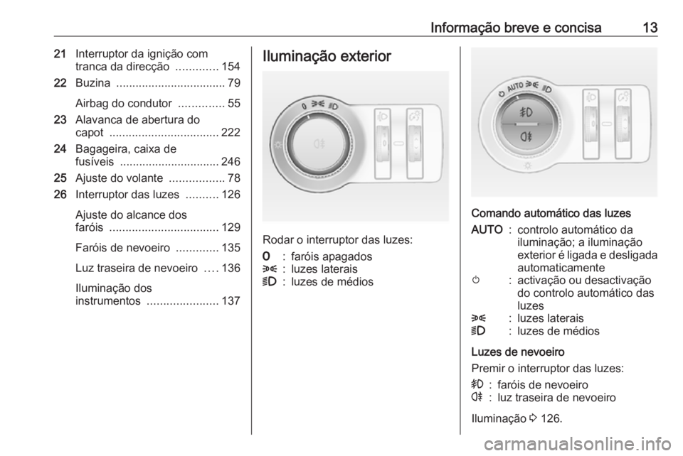 OPEL ASTRA J 2018 Manual de Instruções (in Portugues) Informação breve e concisa1321Interruptor da ignição com
tranca da direcção .............154
22 Buzina .................................. 79
Airbag do condutor ..............55
23 Alavanca de OPEL ASTRA J 2018 Manual de Instruções (in Portugues) Informação breve e concisa1321Interruptor da ignição com
tranca da direcção .............154
22 Buzina .................................. 79
Airbag do condutor ..............55
23 Alavanca de