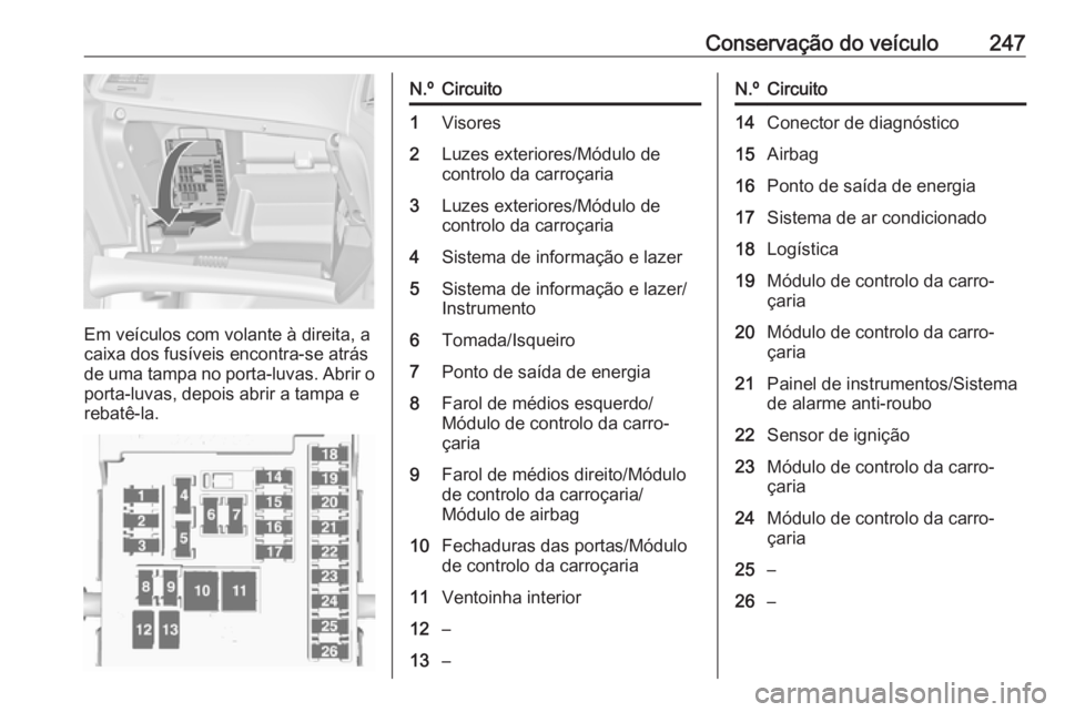 OPEL ASTRA J 2018 Manual de Instruções (in Portugues) Conservação do veículo247
Em veículos com volante à direita, a
caixa dos fusíveis encontra-se atrás
de uma tampa no porta-luvas. Abrir o
porta-luvas, depois abrir a tampa e
rebatê-la.
N.ºCirc OPEL ASTRA J 2018 Manual de Instruções (in Portugues) Conservação do veículo247
Em veículos com volante à direita, a
caixa dos fusíveis encontra-se atrás
de uma tampa no porta-luvas. Abrir o
porta-luvas, depois abrir a tampa e
rebatê-la.
N.ºCirc