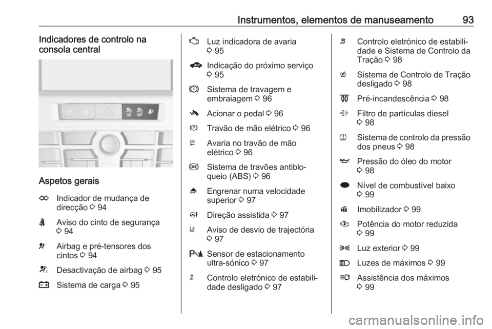 OPEL ASTRA J 2018 Manual de Instruções (in Portugues) Instrumentos, elementos de manuseamento93Indicadores de controlo na
consola central
Aspetos gerais
OIndicador de mudança de
direcção 3 94XAviso do cinto de segurança
3 94vAirbag e pré-tensores OPEL ASTRA J 2018 Manual de Instruções (in Portugues) Instrumentos, elementos de manuseamento93Indicadores de controlo na
consola central
Aspetos gerais
OIndicador de mudança de
direcção 3 94XAviso do cinto de segurança
3 94vAirbag e pré-tensores