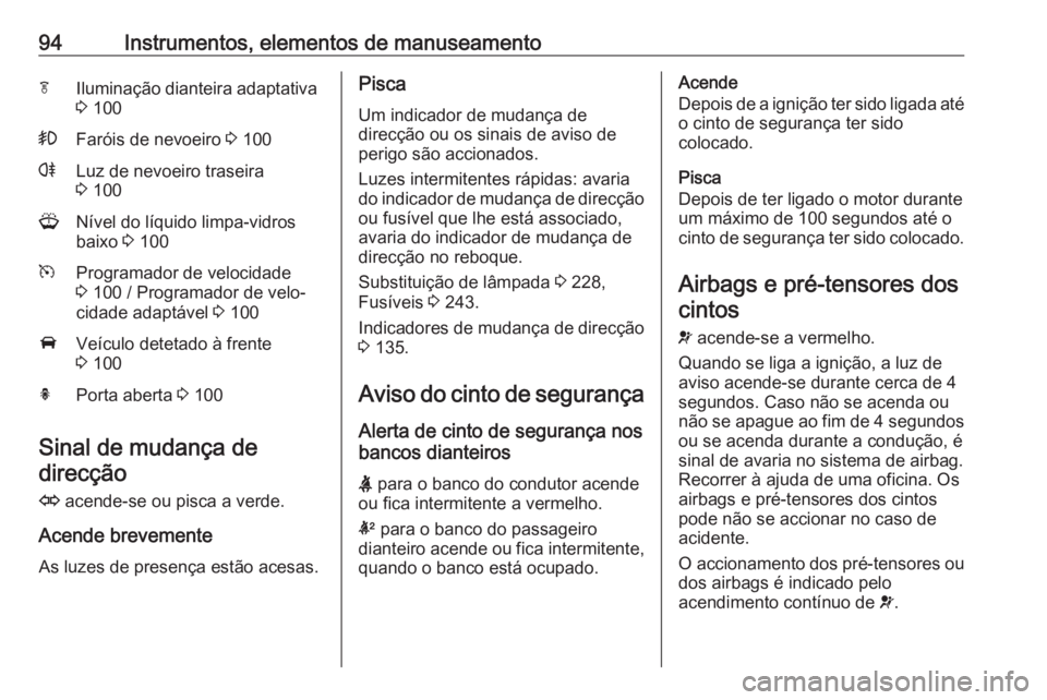 OPEL ASTRA J 2018 Manual de Instruções (in Portugues) 94Instrumentos, elementos de manuseamentofIluminação dianteira adaptativa
3 100>Faróis de nevoeiro 3 100rLuz de nevoeiro traseira
3 100GNível do líquido limpa-vidros
baixo 3 100mProgramador d OPEL ASTRA J 2018 Manual de Instruções (in Portugues) 94Instrumentos, elementos de manuseamentofIluminação dianteira adaptativa
3 100>Faróis de nevoeiro 3 100rLuz de nevoeiro traseira
3 100GNível do líquido limpa-vidros
baixo 3 100mProgramador d