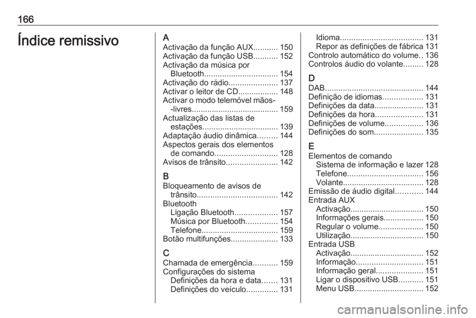 OPEL ASTRA J 2018.5 Manual de Informação e Lazer (in Portugues) 166Índice remissivoAActivação da função AUX ...........150
Activação da função USB ...........152
Activação da música por Bluetooth ................................. 154
Activação do rá OPEL ASTRA J 2018.5 Manual de Informação e Lazer (in Portugues) 166Índice remissivoAActivação da função AUX ...........150
Activação da função USB ...........152
Activação da música por Bluetooth ................................. 154
Activação do rá