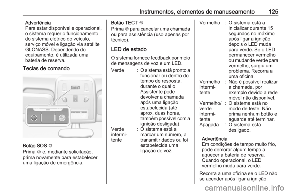 OPEL ASTRA J 2018.5 Manual de Instruções (in Portugues) Instrumentos, elementos de manuseamento125Advertência
Para estar disponível e operacional,
o sistema requer o funcionamento
do sistema elétrico do veículo,
serviço móvel e ligação via satélit OPEL ASTRA J 2018.5 Manual de Instruções (in Portugues) Instrumentos, elementos de manuseamento125Advertência
Para estar disponível e operacional,
o sistema requer o funcionamento
do sistema elétrico do veículo,
serviço móvel e ligação via satélit