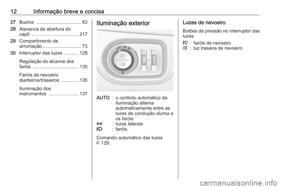 OPEL ASTRA K 2016  Manual de Instruções (in Portugues) 12Informação breve e concisa27Buzina  .................................. 83
28 Alavanca de abertura do
capô  ................................... 217
29 Compartimento de
arrumação ................