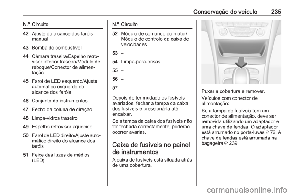 OPEL ASTRA K 2016 Manual de Instruções (in Portugues) Conservação do veículo235N.ºCircuito42Ajuste do alcance dos faróis
manual43Bomba do combustível44Câmara traseira/Espelho retro‐
visor interior traseiro/Módulo de
reboque/Conector de alimen OPEL ASTRA K 2016 Manual de Instruções (in Portugues) Conservação do veículo235N.ºCircuito42Ajuste do alcance dos faróis
manual43Bomba do combustível44Câmara traseira/Espelho retro‐
visor interior traseiro/Módulo de
reboque/Conector de alimen