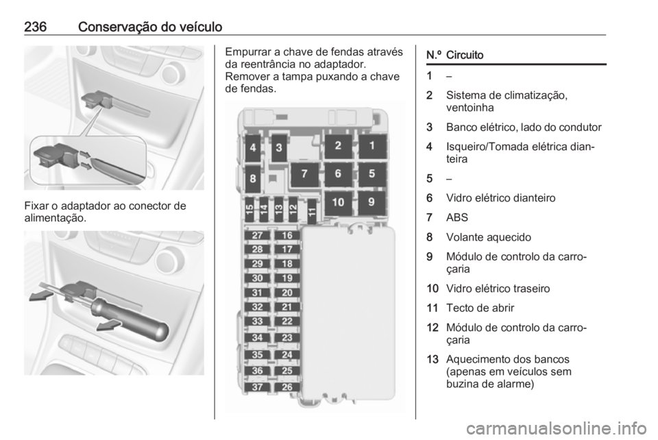 OPEL ASTRA K 2016 Manual de Instruções (in Portugues) 236Conservação do veículo
Fixar o adaptador ao conector de
alimentação.
Empurrar a chave de fendas através
da reentrância no adaptador.
Remover a tampa puxando a chave
de fendas.N.ºCircuito1 OPEL ASTRA K 2016 Manual de Instruções (in Portugues) 236Conservação do veículo
Fixar o adaptador ao conector de
alimentação.
Empurrar a chave de fendas através
da reentrância no adaptador.
Remover a tampa puxando a chave
de fendas.N.ºCircuito1
